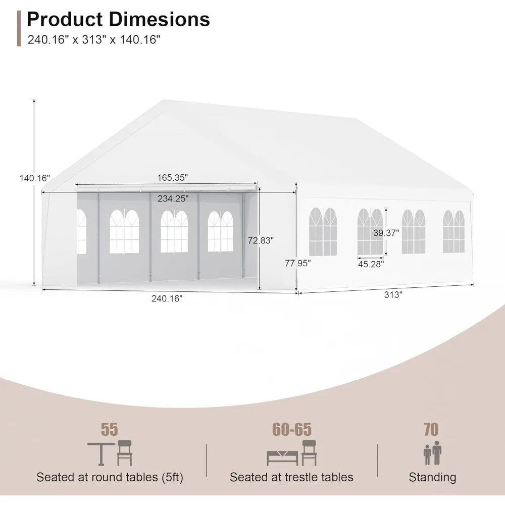 "20 ft x 26 ft durable carport with roll-up clear panels, reinforced party tent with detachable walls and doors"