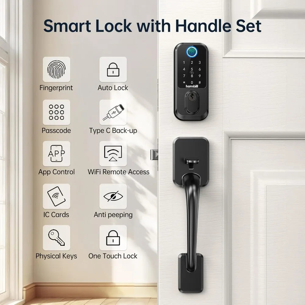 Hornbill WiFi Smart Deadbolt Lock: Front Door Lock Set Keyless Entry with Handle, Smart Locks for Front Door, Alexa Compatible,