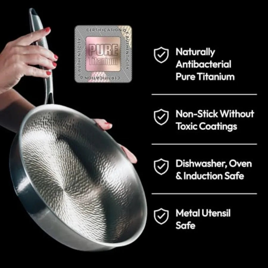 12 Titanium Pan for Cooking - Pure No Coating Non-Stick Titanium Cookware Hammered Frying Pan Safe for Oven and Induction Up to 750 degrees.