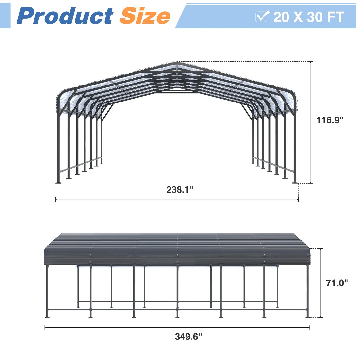 Polar Aurora 20 x 20/20 x 30/20 x 40 FT Metal Carport with Enhanced Base Outdoor Heavy Duty Garage Galvanized Car Shelter for Pickup