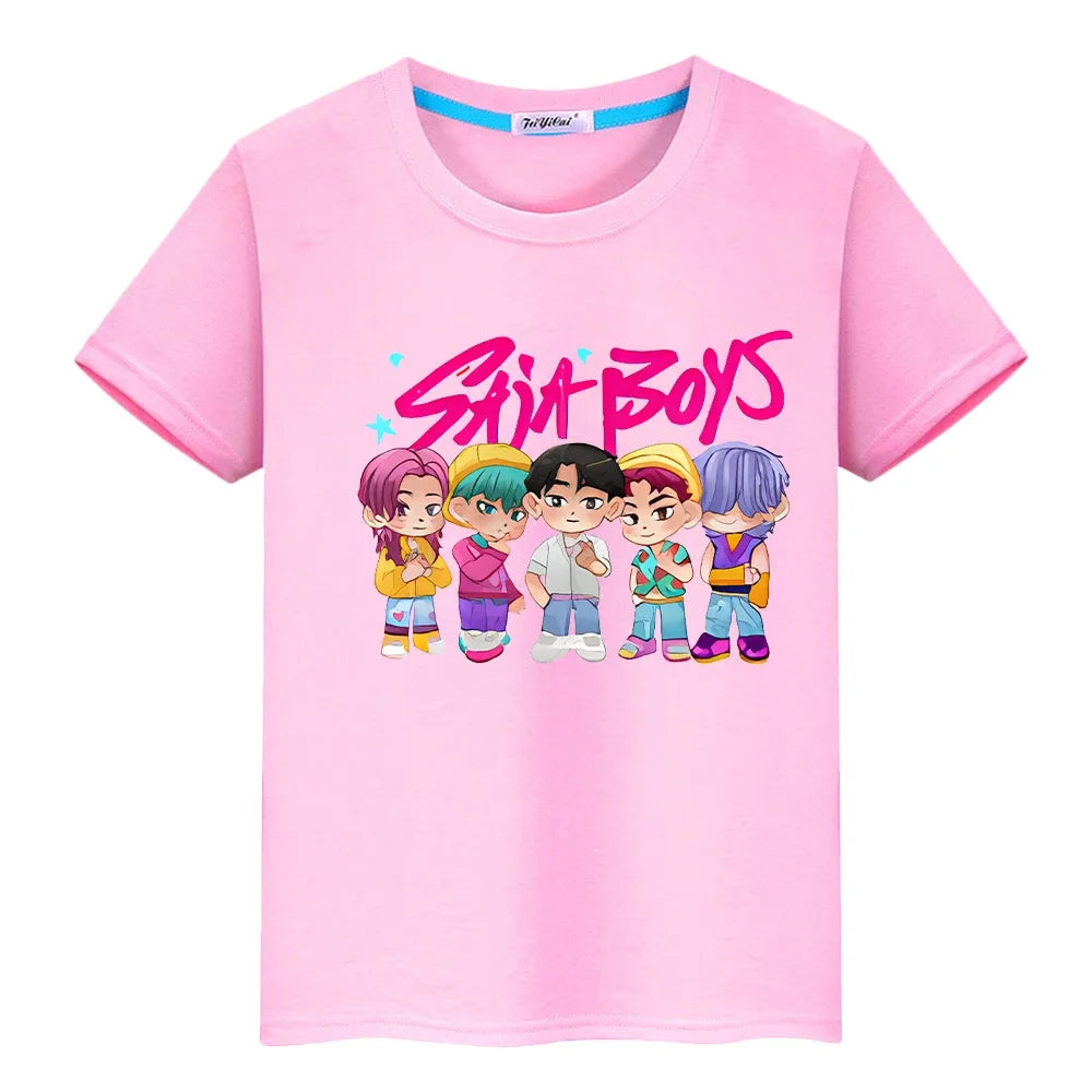 T shirt for kids boy 10 year Saja Boys Print Cute Tops Y 2 K k-pop demon hunters Kawaii Tees 100% Cotton anime Short girls clothes
