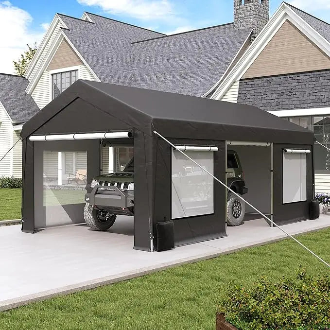 Upgraded 10 x 20 Ft Heavy Duty Carport, Portable Garage Shelter with with Roll-up Sidewall and Ventilated Windows, Sand Bags for hold down weight.