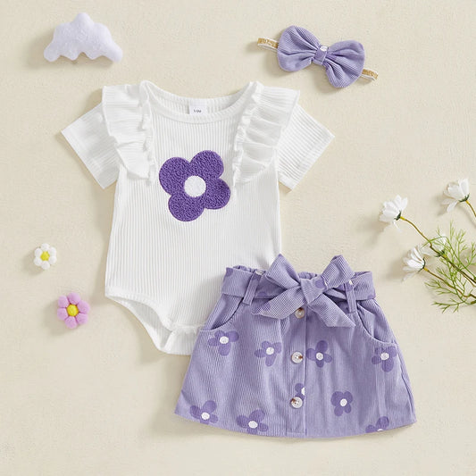 Adorable Baby Girl Floral Print Romper with Matching Skirt and Headband Set for Summer Outings and Photoshoots