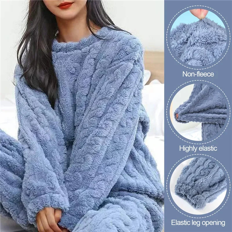 Women's Winter Coral Velvet Pajamas Set Thickened Fluffy O-neck Two-piece Homewear Loungewear Leisure Pajamas for Cold Weather