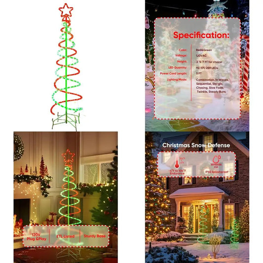 5 FT Waterproof Red & Green Double Spiral Christmas Tree Lights with 8 Modes Controller, 120 V Outdoor Decoration for Holidays