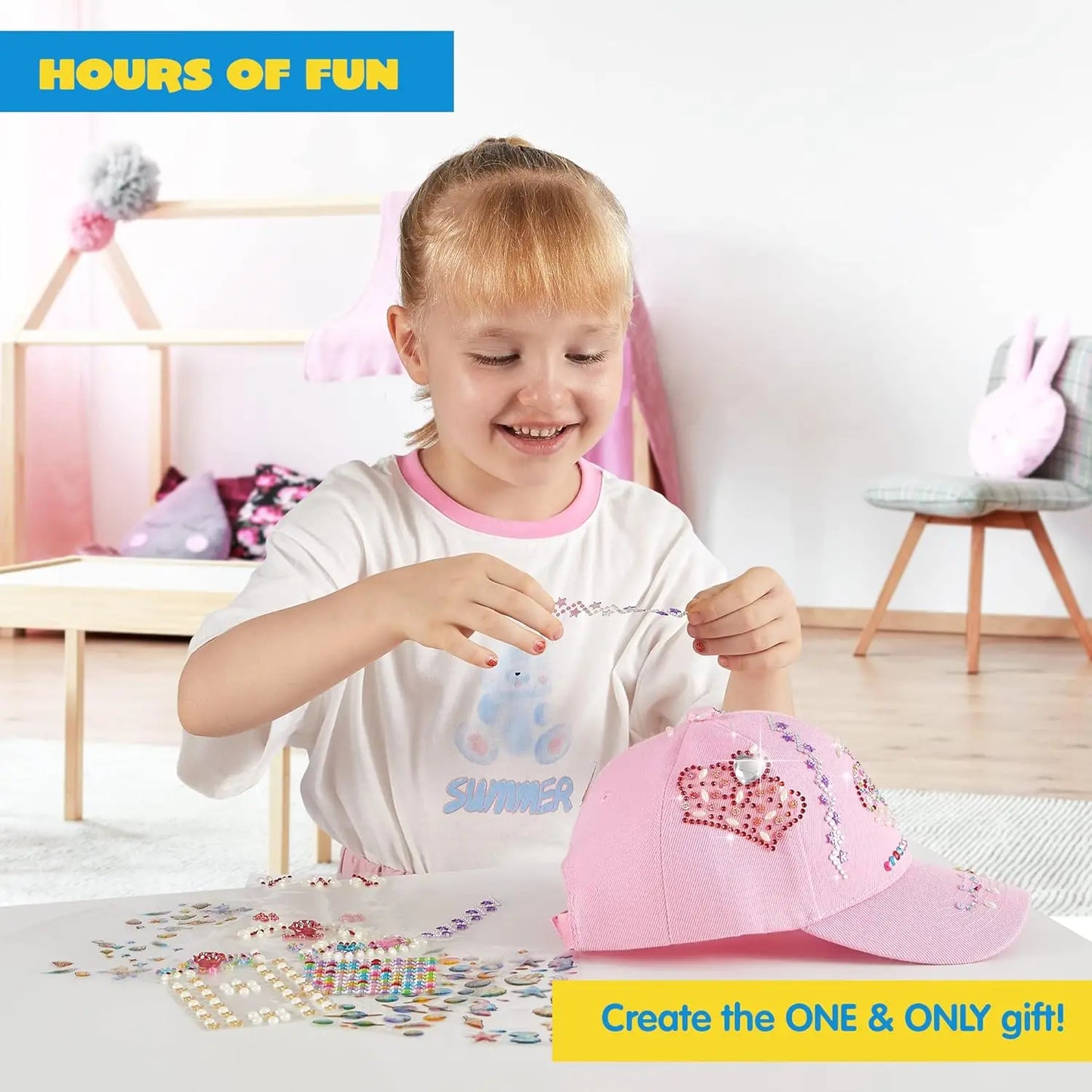 JOYFY DecorateYour Own Baseball Cap with 7 Sheets Gems Stickers Art & Crafts Kit Fun Creative DIY Toys for Kids Girls