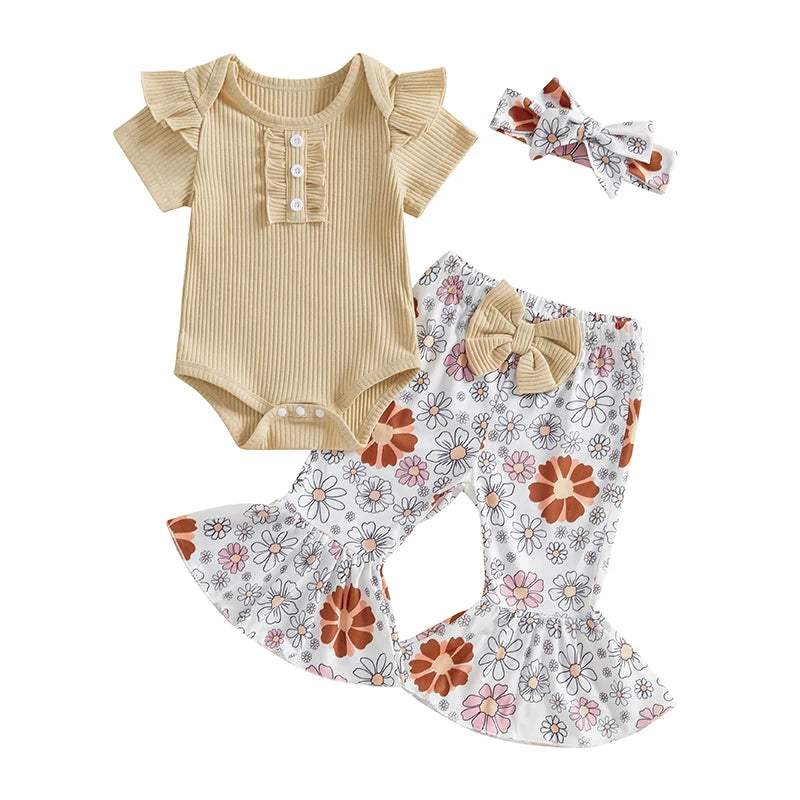 Toddler Girls 3 Piece Outfit Set Ruffle Sleeve Bodysuit Floral Bell Bottom Pants Headband Set for Baby Girl