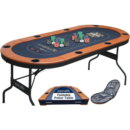 8 Player Foldable Poker Table 71 inch Portable Casino Table for Texas Holdem w/Cushioned Rail Cup Holders Folding Game
