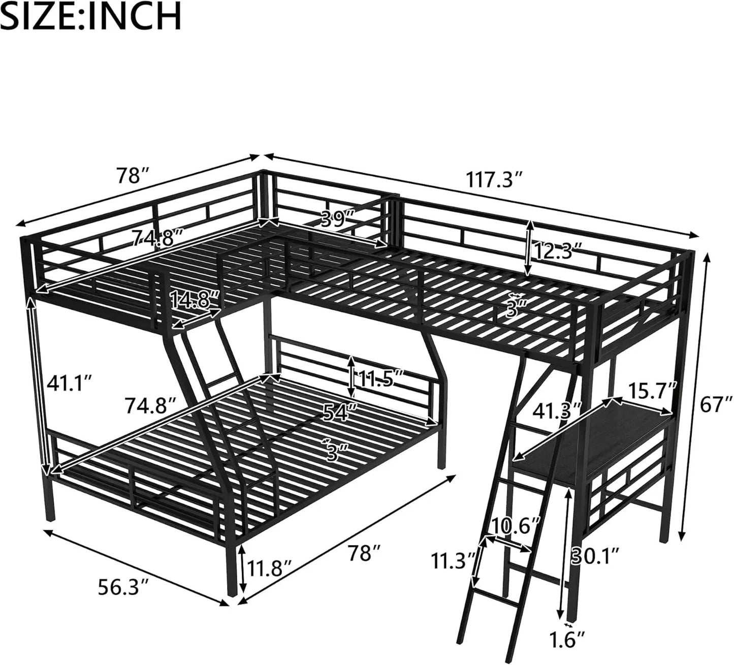 Twin Over Full L-Shaped Triple Bunk Bed with Loft Bed for 3 Kids  Over Twin Over Full Metal Bunk Bed with Desk
