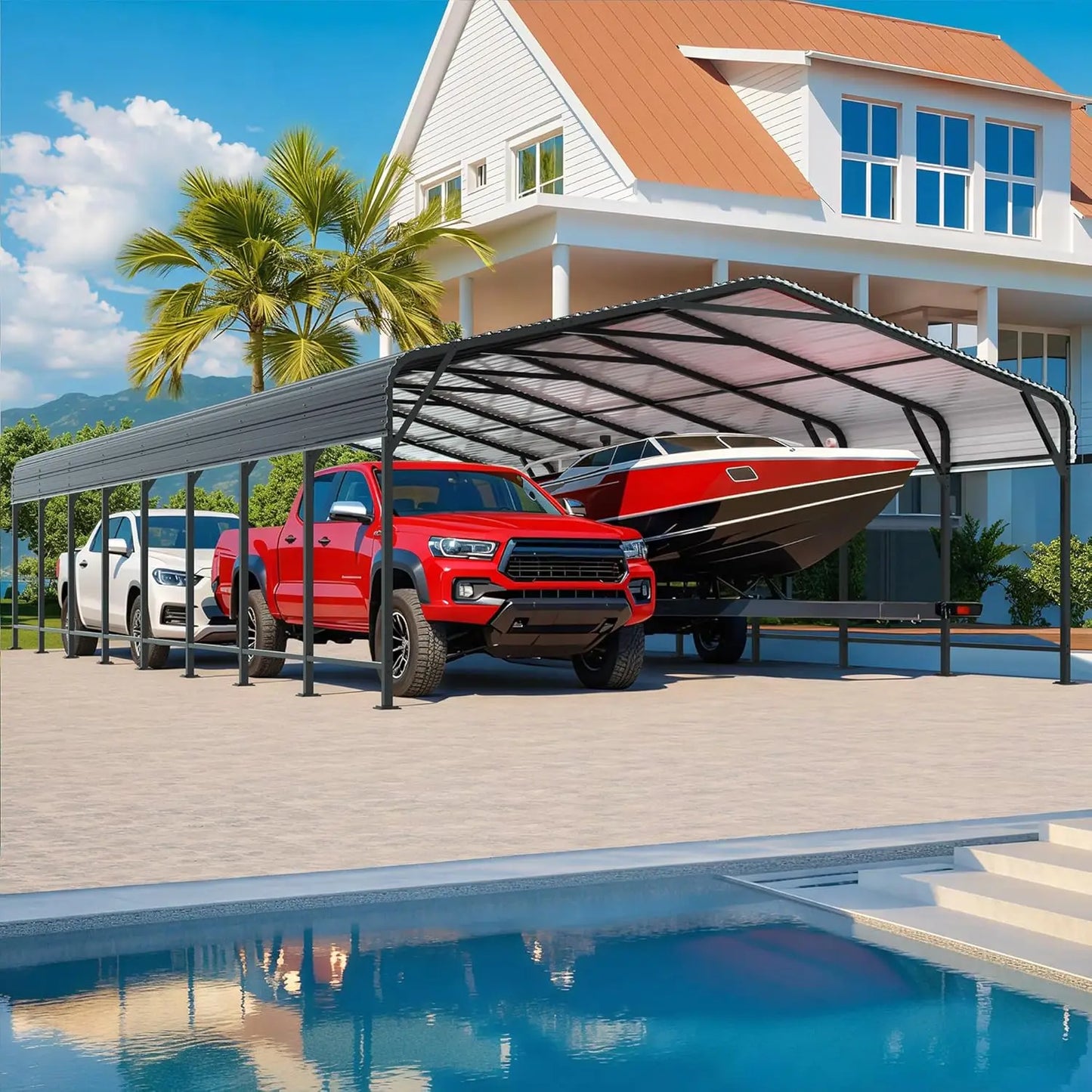 VIWAT 10 x 15~20 x 40 FT Multi-Size Metal Carport w/ Enhanced Base Outdoor Heavy Duty Garage Galvanized Car Shelter for Garden Patio