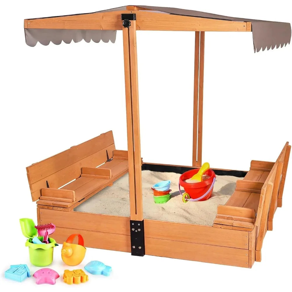 Outdoor Sandbox with UV Protective Canopy, Sandbox Comes with 2 Foldable Seats, Length 47" X 47"