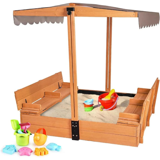 Outdoor Sandbox with UV Protective Canopy, Sandbox Comes with 2 Foldable Seats, Length 47" X 47"