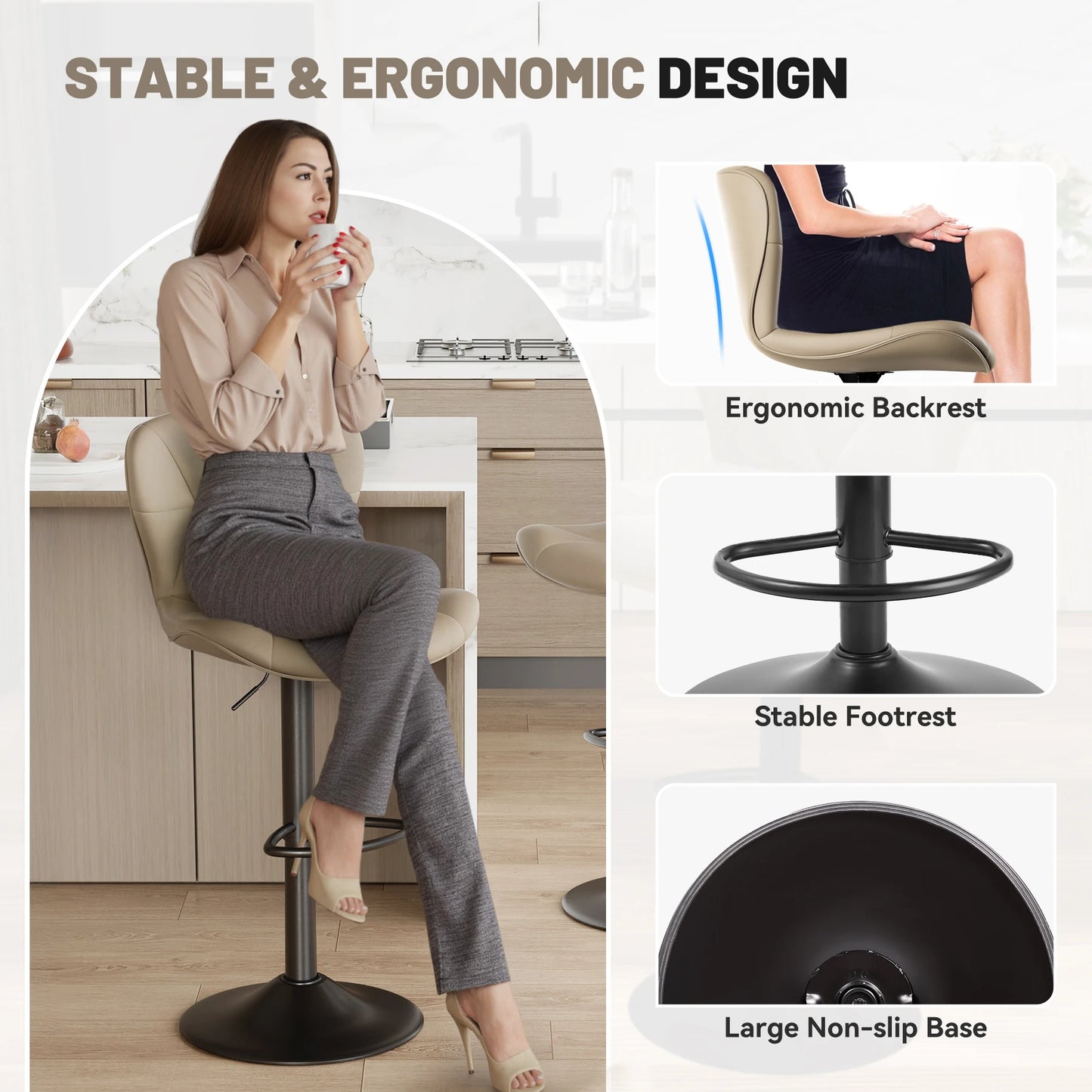 4 Piece Modern Bar Chair Set, Comfortable PU Leather, 360° Swivel Adjustable Height, Upholstered Kitchen Side Chair With Metal Legs