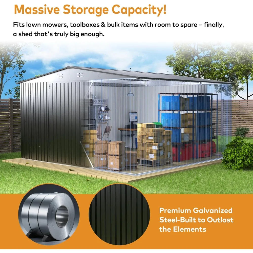 14 x 12FT Outdoor Storage Shed, Metal Waterproof Storage Shed Steel Utility Garden Tool Shed with Door & Lock Outdoor，Customized