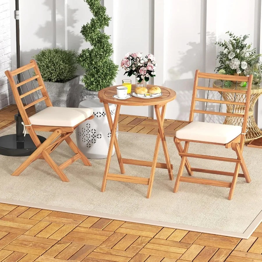 3 Pieces Acacia Wood Patio Bistro Set Folding Outdoor Table and Chairs Set with Cushions Outdoor Patio Furniture Set for Porch