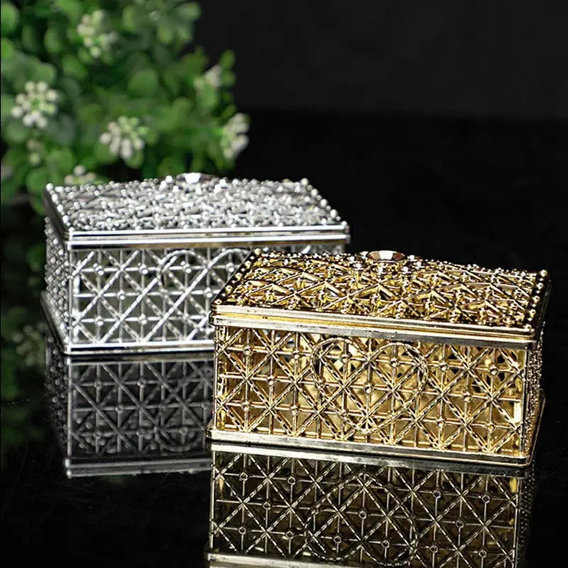 2 Piece Mini Treasure Storage Jewelry Box Gold, Silver color Hollow Flower Pattern Jewelry Case Boxes for Necklace Earring Ring