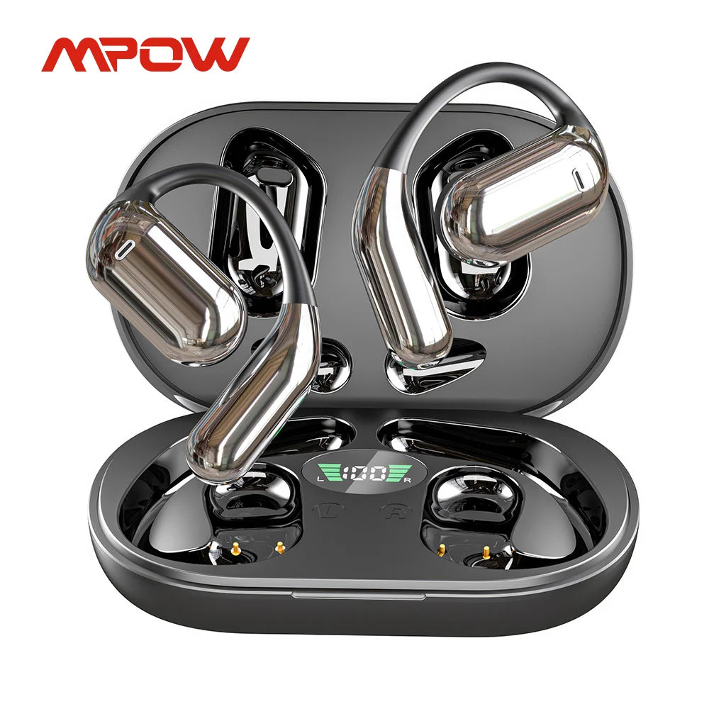 M pow Q 16 True Wireless Earphones, OWS Open Ear Earphones with Ear-hooks, Bluetooth 5.3, Up to 80 H Playtime with Case for Cycling