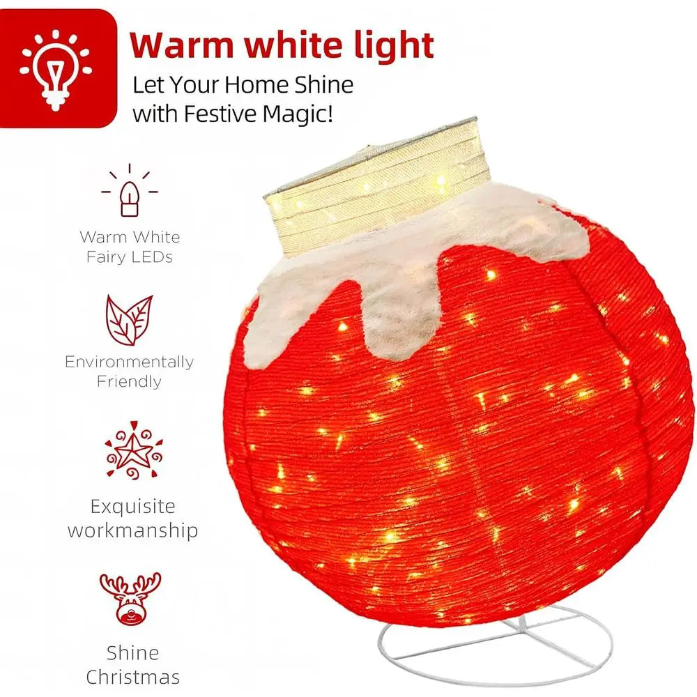 Set of 3 Large Illuminated Flocked Christmas Balls, Outdoor Waterproof LED Hanging Decorations with Base Stakes, Easy Plug-and-P