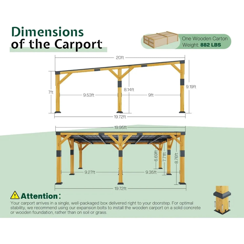 20 x 20 x 9.2 FT Cedar Wood Carport with Sloped Galvanized Steel Roof, Heavy Duty Shelter for 2 Cars, Trucks, Boats & Tract