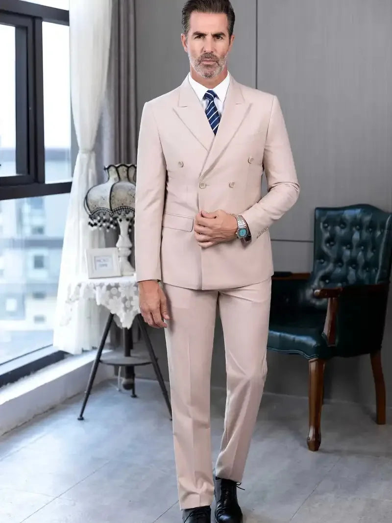 Elegant Men's Suits 2-Piece Set Double Breasted Jacket Business Casual Suit Coat Work Interview Coat (Blazer+Pants)