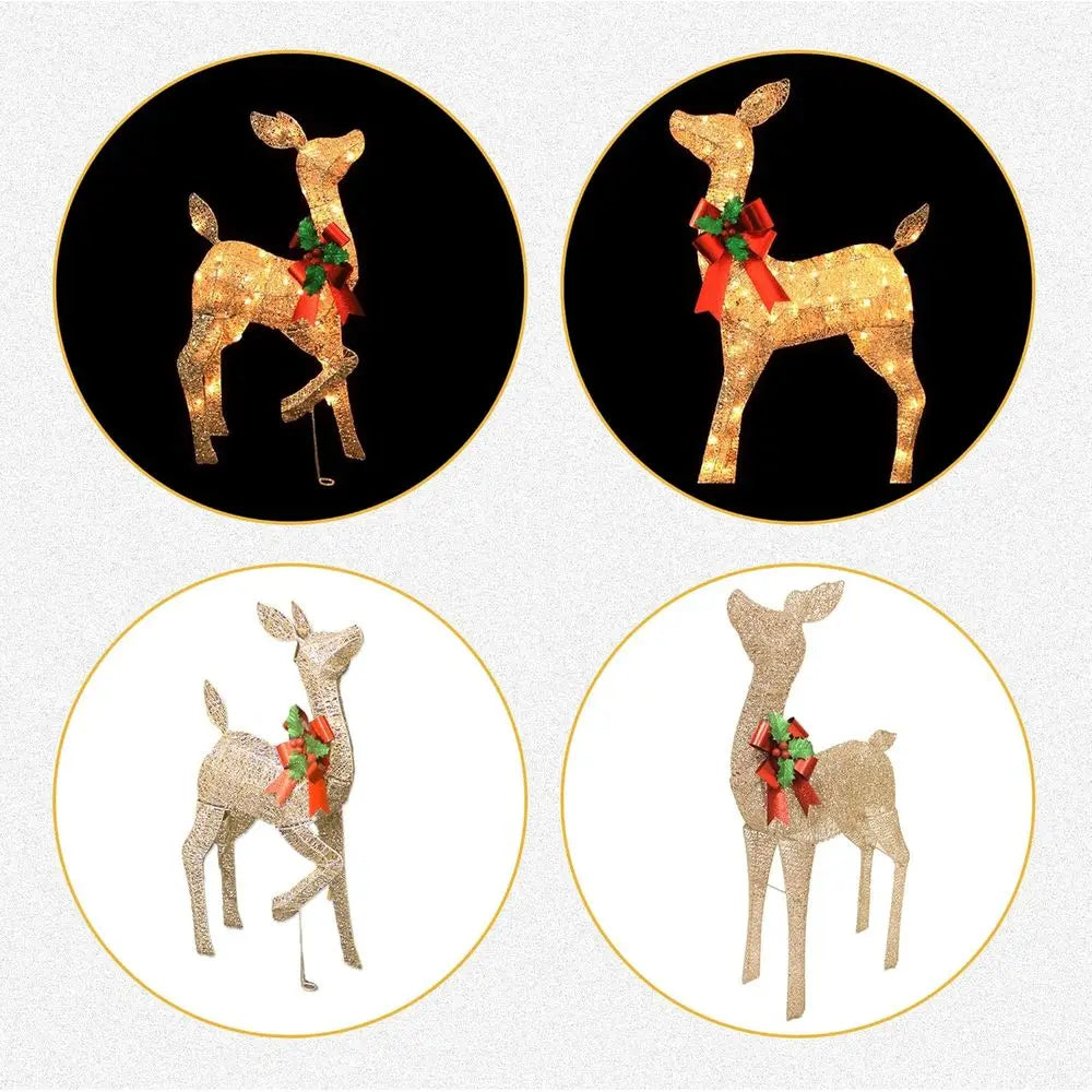 Champagne Gold Lighted Outdoor Christmas Deer Duo Set with Bow for Yard and Tree Holiday Decor