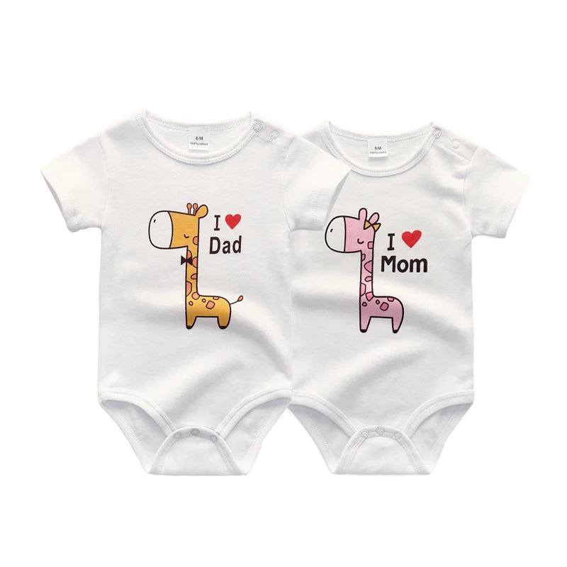 Newborn Twin 2 Pcs Baby Bodysuits - Four Seasons 100% Soft Cotton "I love Papa Mama" Onesies for Boys Girls