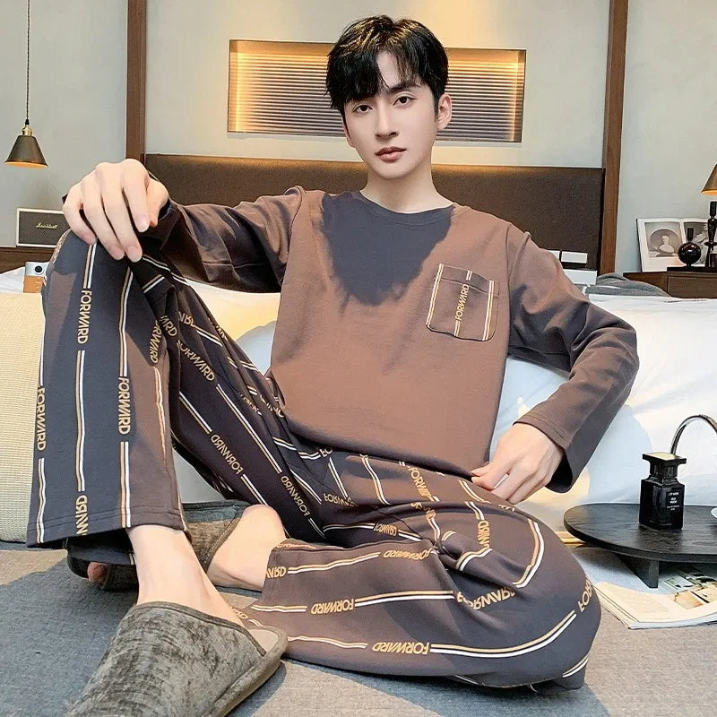 Men's Sleepwear Spring and Autumn Long Sleeve Student Cartoon Loose Edition Youth Plus Size Summer Thin Home Furnishing Set