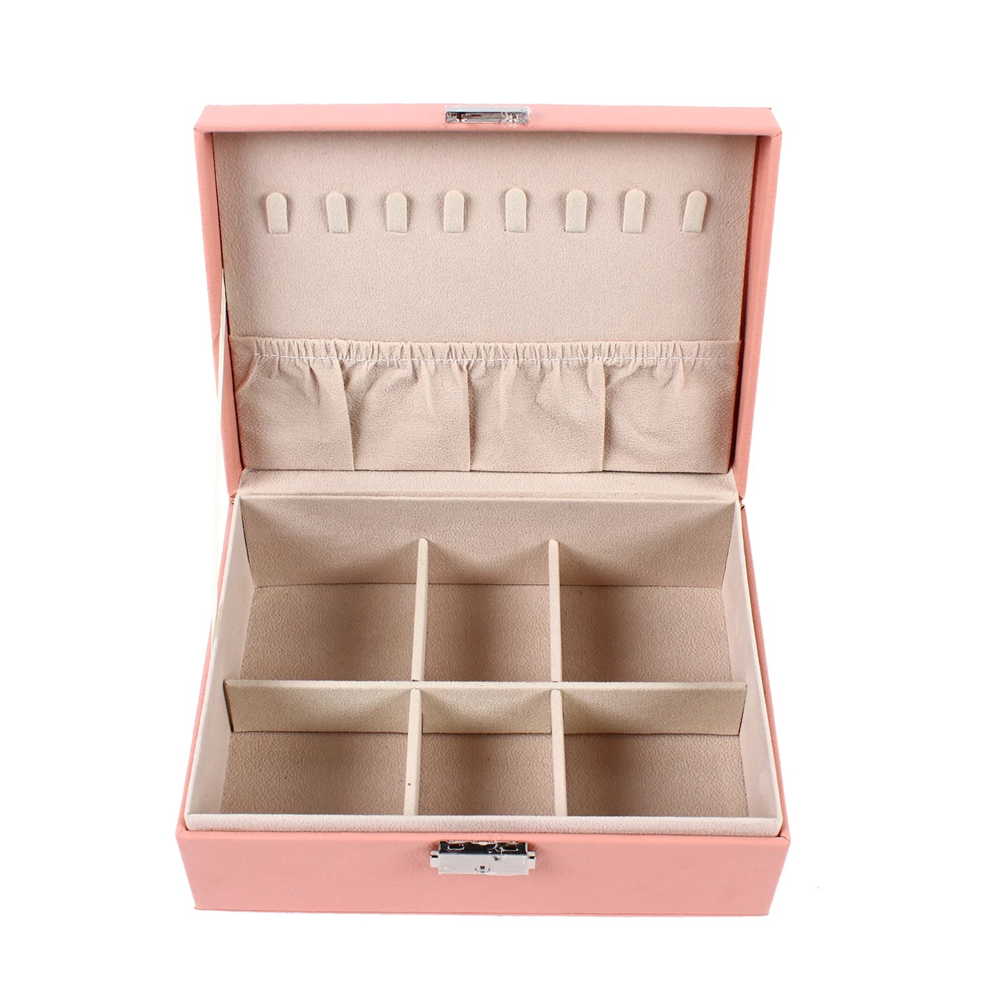 2 Layers Pink PU Leather Jewelry Box Organizer with Necklace Hook for Women, Girls and Hanging Bracelets, Necklaces, Jumper