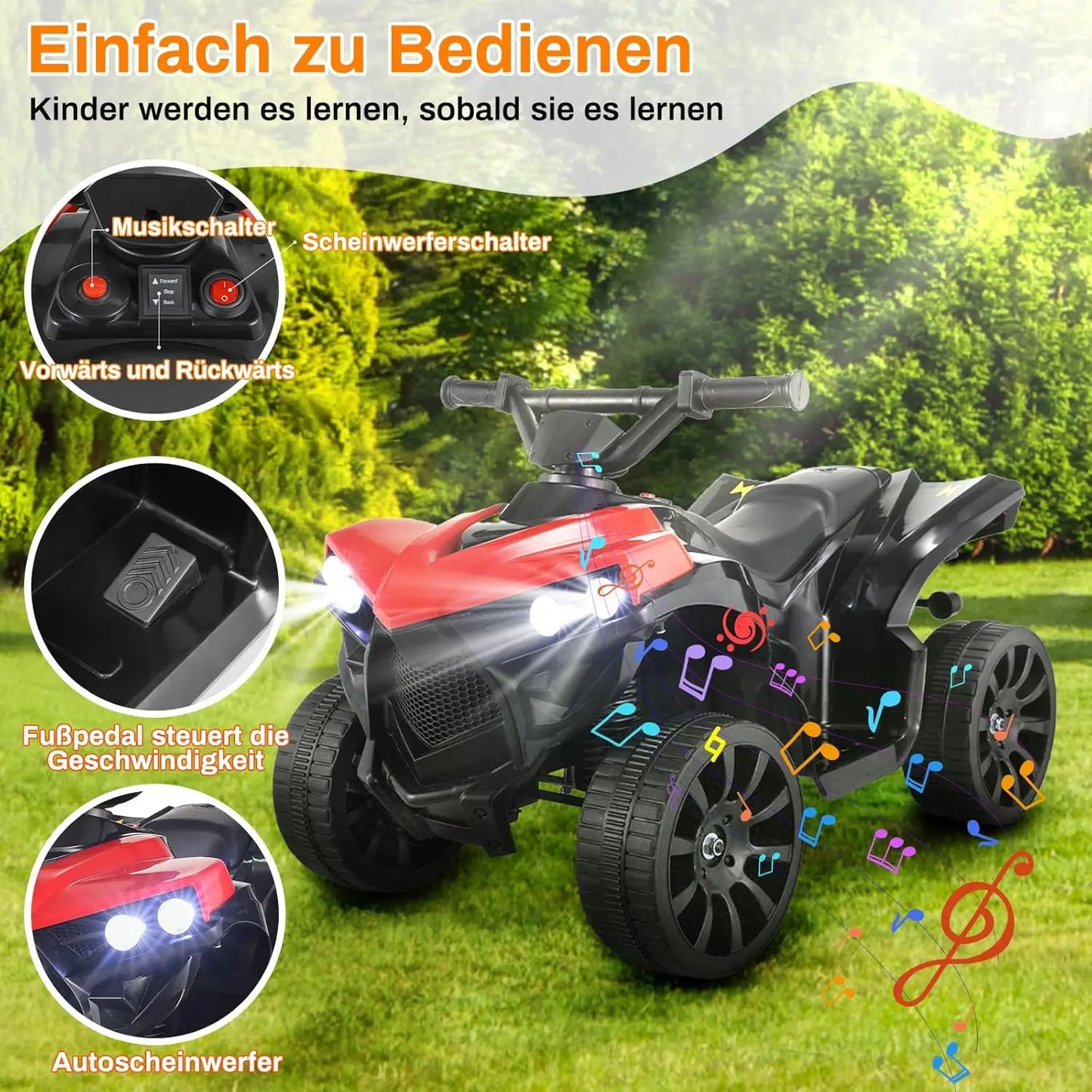 Kids Ride On ATV Electric Off-Road Quad Car 6V Battery Powered W/Music, Light,RED