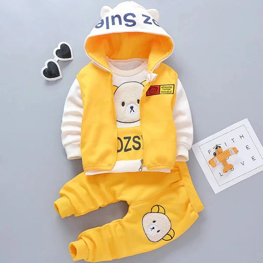 Autumn Winter Baby Girls Cute Bear Clothes Boys Thick Hooded Vest With Long Sleeve Top And Pants 3PCS Sets Kids Warm Tracksuits