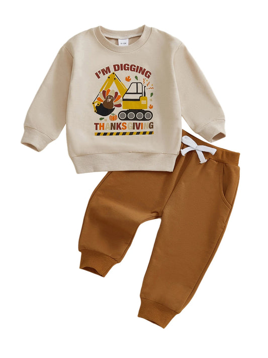 Cute Baby Thanksgiving Outfit Pumpkin Digger Graphic Print Top and Cozy Jogger Pants Set for Fall Celebrations