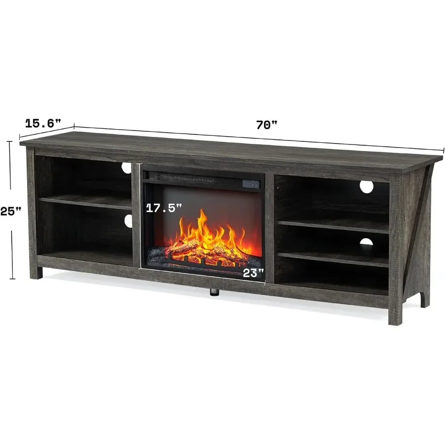 Farmhousestyle Wood Texture Fireplace TV Stand with Builtin 23inch Electric Fireplace for Cozy Living Room Ambiance Rustic Grey