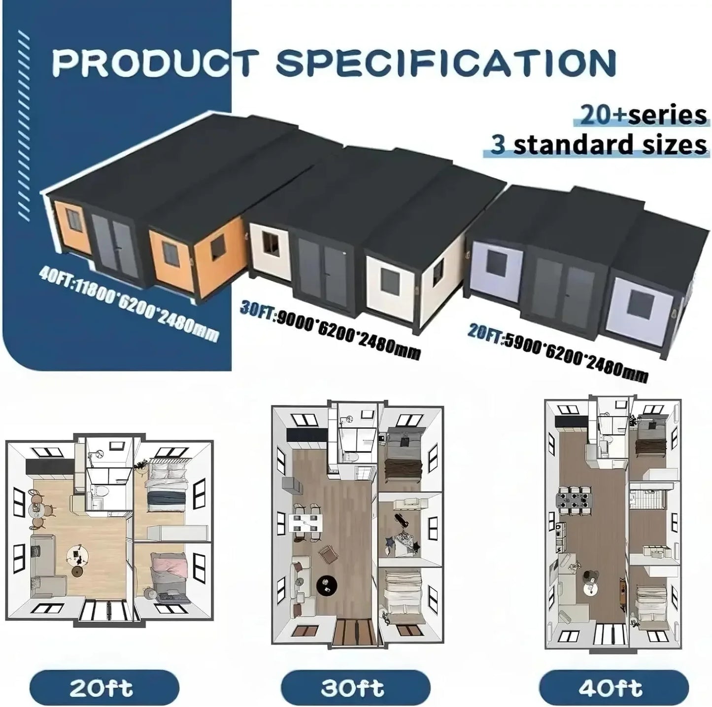 Modular Foldable Expandable Container Houses to Live in for Adults with 2-3 Bedrooms 1 Fully Equipped Kitchen & Bathroom Mobile
