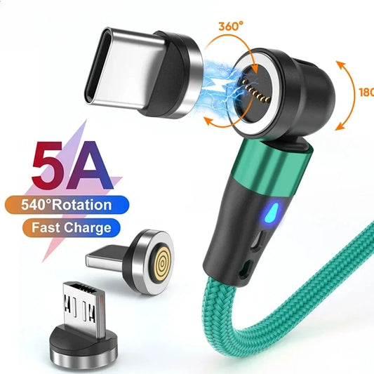 5A Magnetic Cable 540 Rotate Fast Charging Magnetic USB Type C Cable For iPhone 14 Samsung Xiaomi Realme Mobile Phone Cable