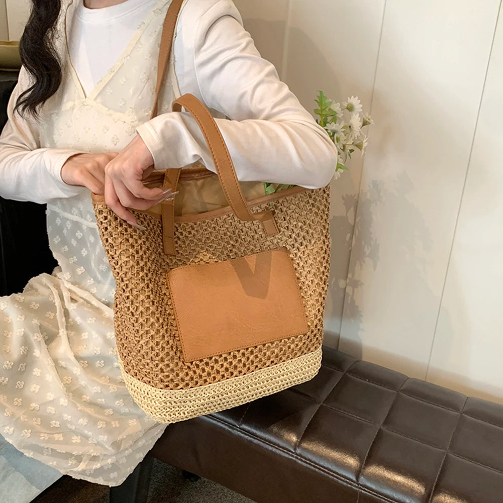 Women Straw Crochet Beach Handbag PU Patchwork Simple Shoulder Bag Contrast Color Minimalist Tote Bag Ladies Summer Bag
