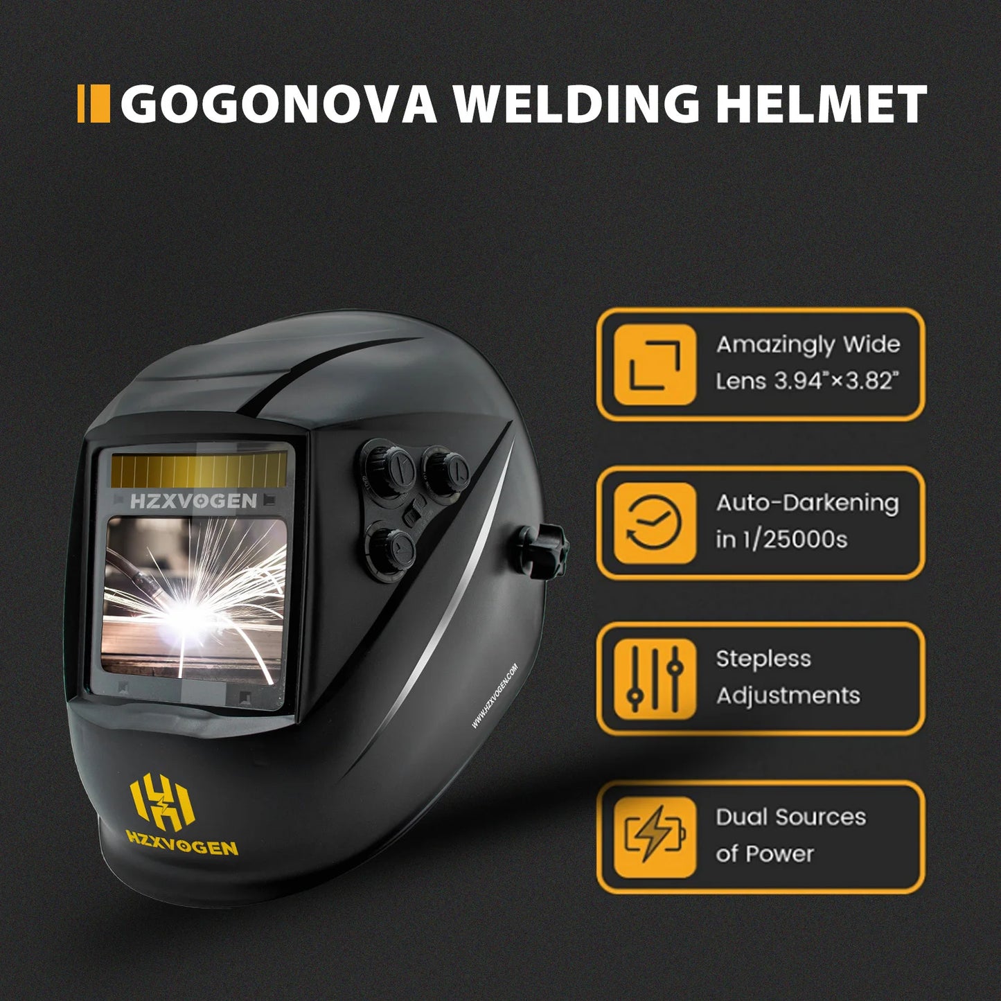 HZXVOGEN Auto Darkening Welding Helmet 3.94”×3.82” Large Viewing Welding Hood True Color Solar Battery Powered Welder Mask HV008
