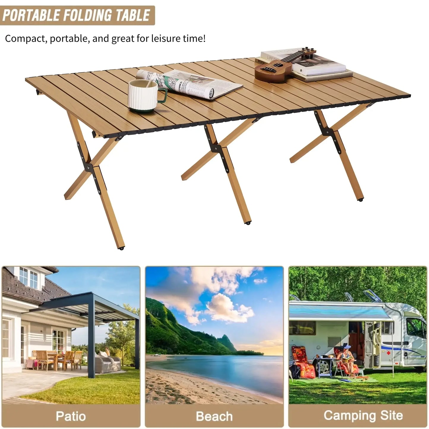 Portable Roll-Top Camping Table, 47.3" x 23.2" x 17.7" Rectangle Picnic Folding Table with Carry Bag,Assembles quickly