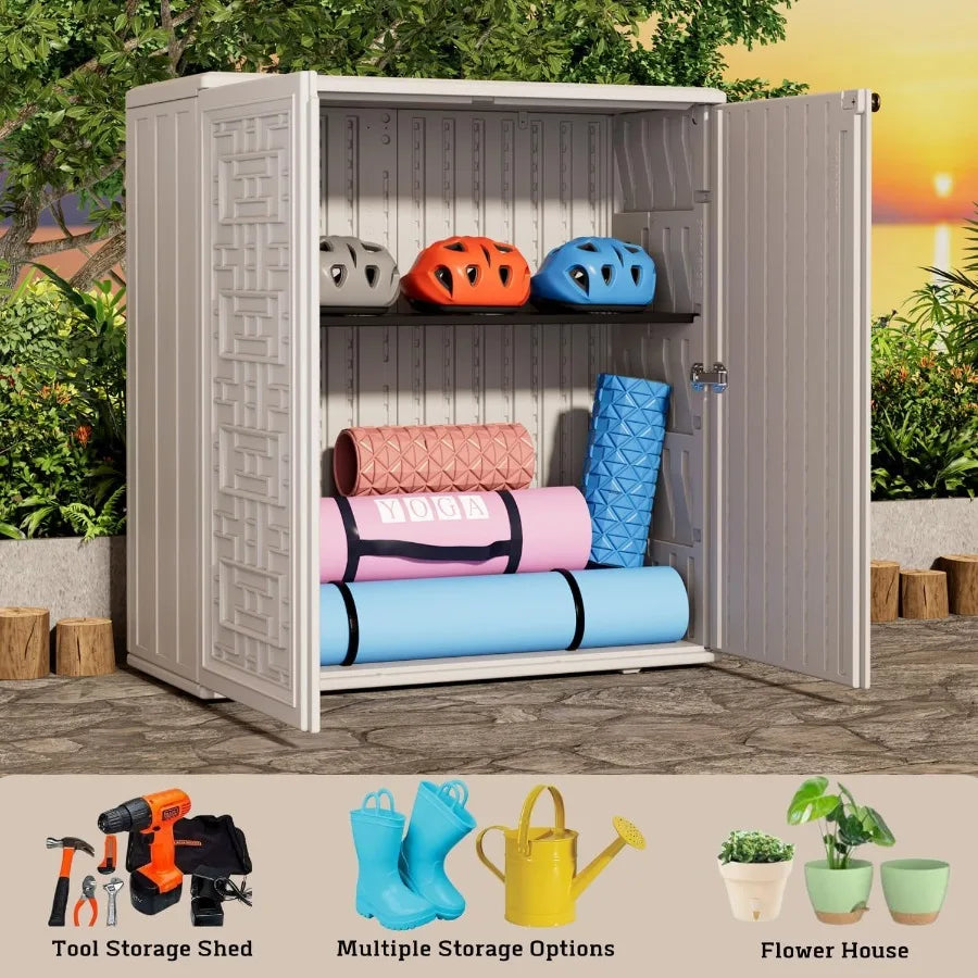HDPE Outdoor Storage Shed for Garden with Horizontal Resin Design All-Weather Durable Plastic Storage Cabinet with One Shelf Id