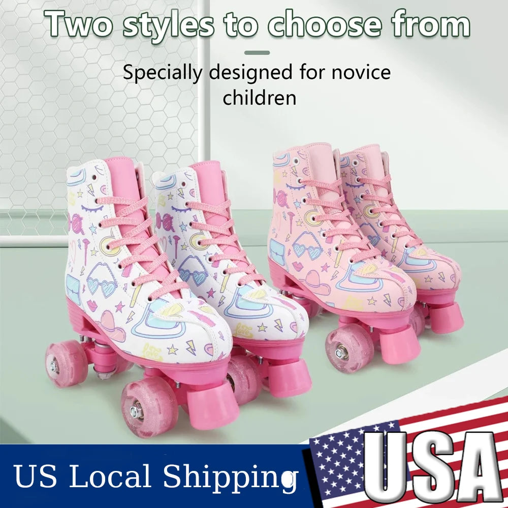 Outdoor Skating Shoes Quad Skates Sneakers PU Leather Roller Skates Skating Shoes for Kids Girls Beginner Roller Skating Shoes