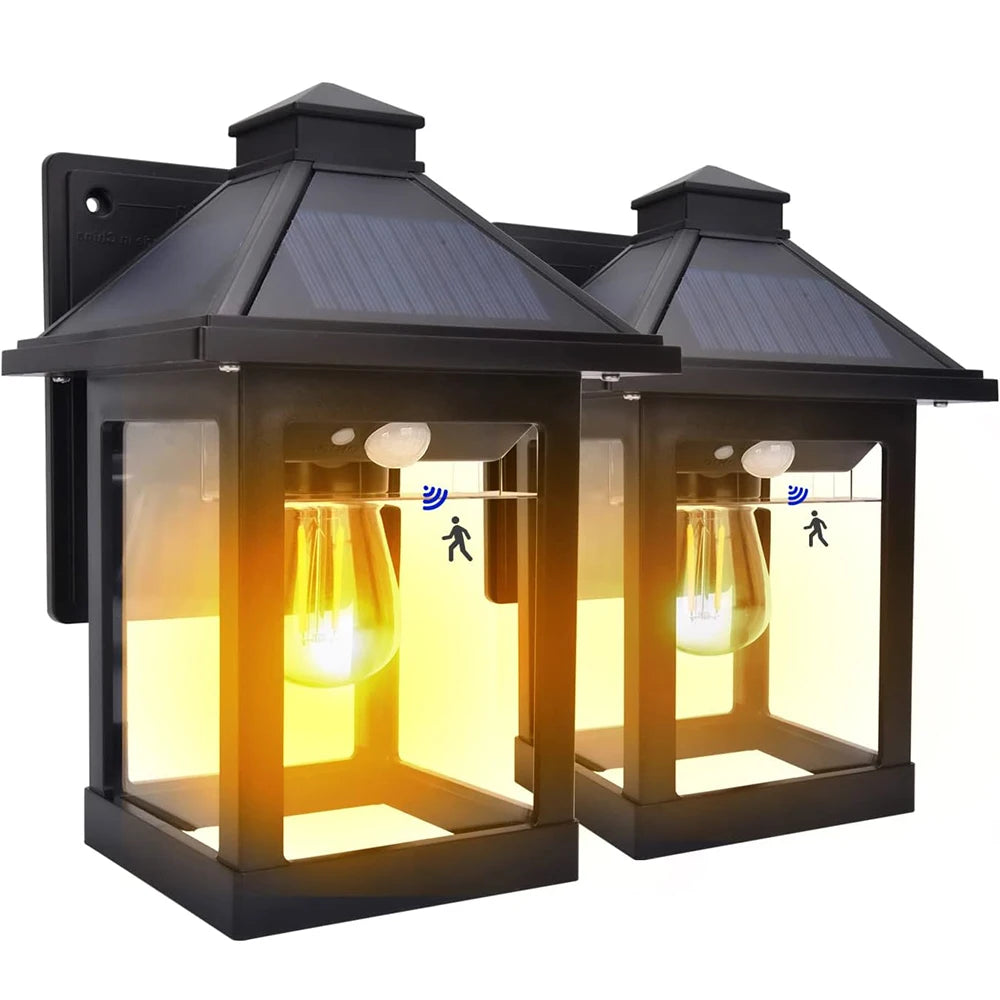 2 Piece Solar Powered Wall Lanterns with 3 Modes Dusk to Dawn Motion Sensor LED Sconce Lights Exterior Front Porch Security Lamps