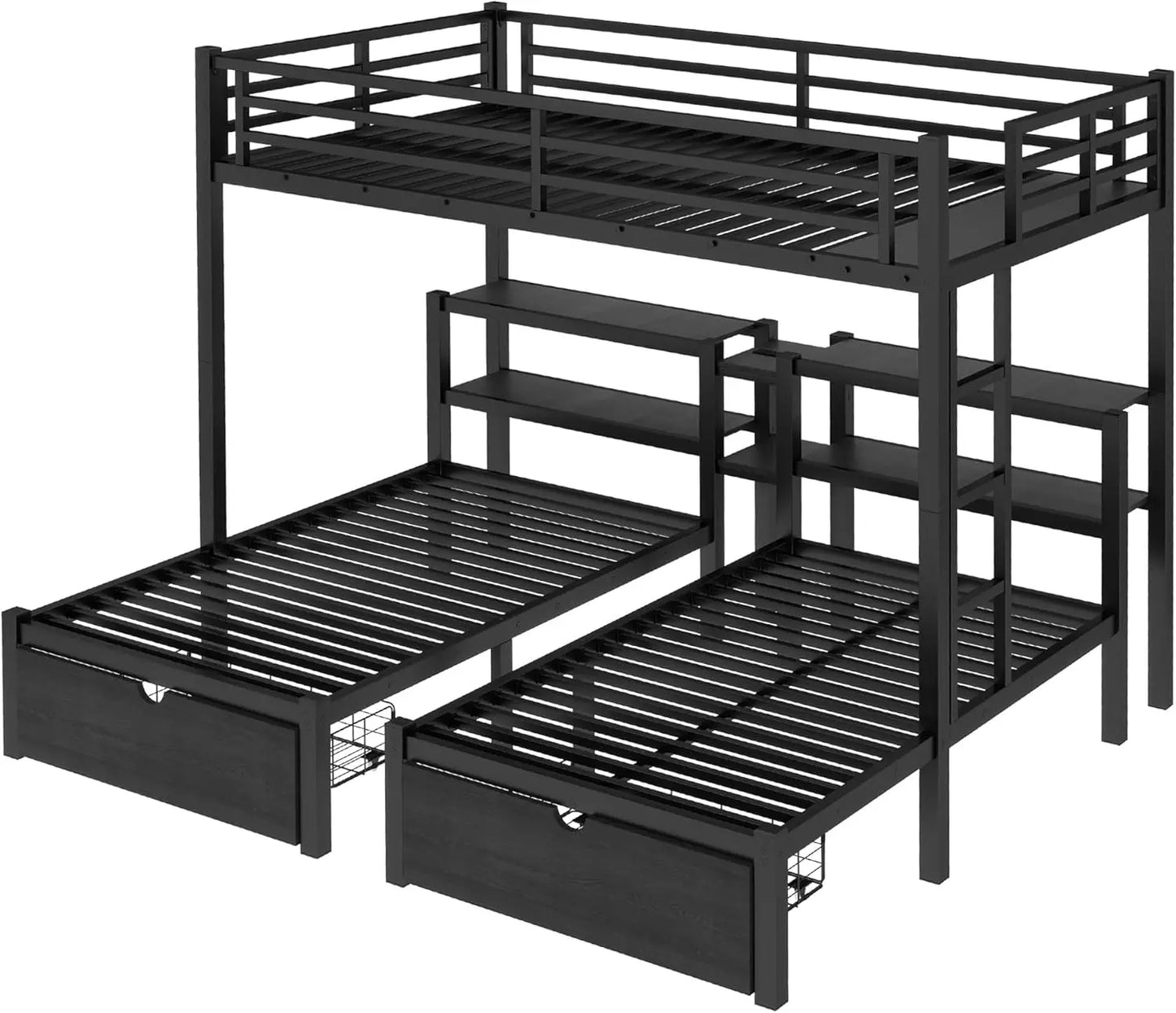 Sturdy Triple-Deck Bunk Bed with Storage, Shelves, and Charging Ports - Full XL Upper with Twin Beds Below