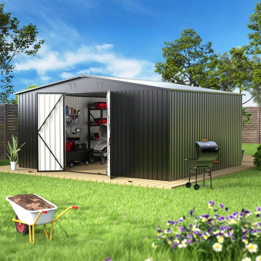 14 x 12FT Outdoor Storage Shed, Metal Waterproof Storage Shed Steel Utility Garden Tool Shed with Door & Lock Outdoor，Customized