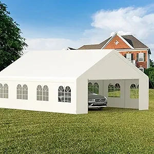 "20 ft x 26 ft durable carport with roll-up clear panels, reinforced party tent with detachable walls and doors"