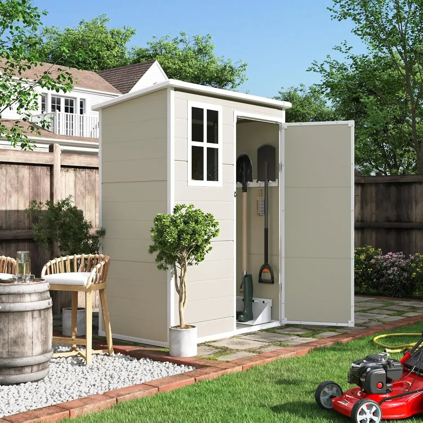 Customize-Outdoor Storage Shed 7.5 x 10.7 FT, Plastic Garden Shed For Bike, Garbage Can, Tool, Outside Sheds & Outdoor Resin Shed