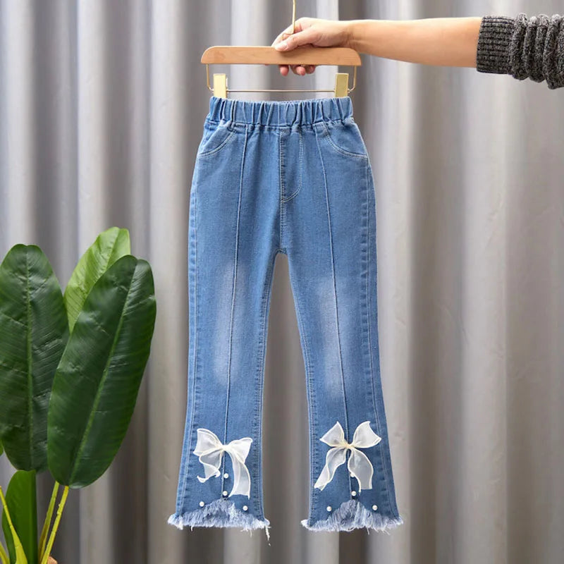 New Autumn Elastic Kids Jeans Girls Cute Leisure Bow Denim Blue Children Flared Pants teenage Girl Clothes Trousers 3 - 12 Y