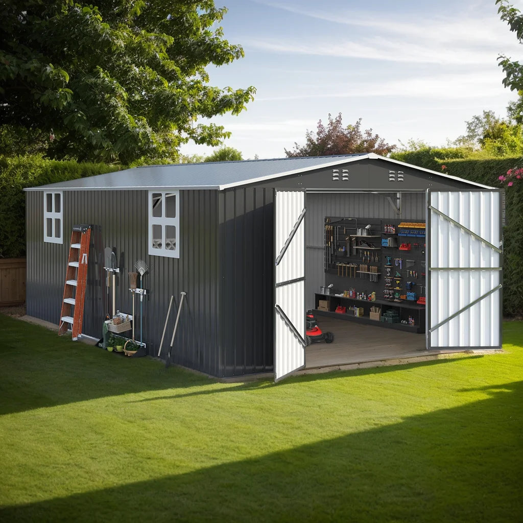 Polar Aurora 12x16/12x18FT Outdoor Metal Storage Shed w/ Windows, Lockable Door, Heavy-Duty Tool Shed For Backyard Patio Graden