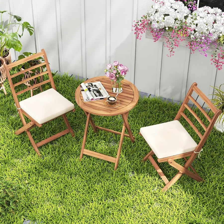 3 Pieces Acacia Wood Patio Bistro Set Folding Outdoor Table and Chairs Set with Cushions Outdoor Patio Furniture Set for Porch
