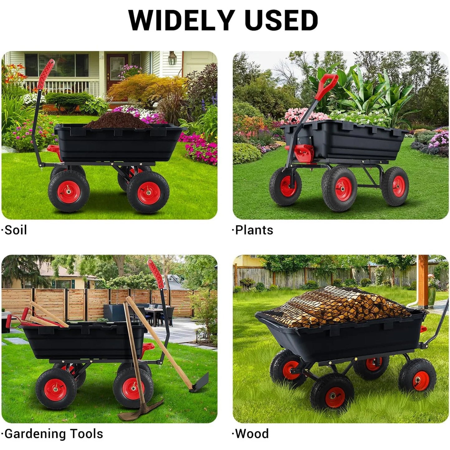 800 Lbs Garden Dump Carts, Heavy Duty Yard Cart, 4 Wheel Wheelbarrow with 10 in Tires, 180°Rotating Handle, for Plants, Soil, Sand