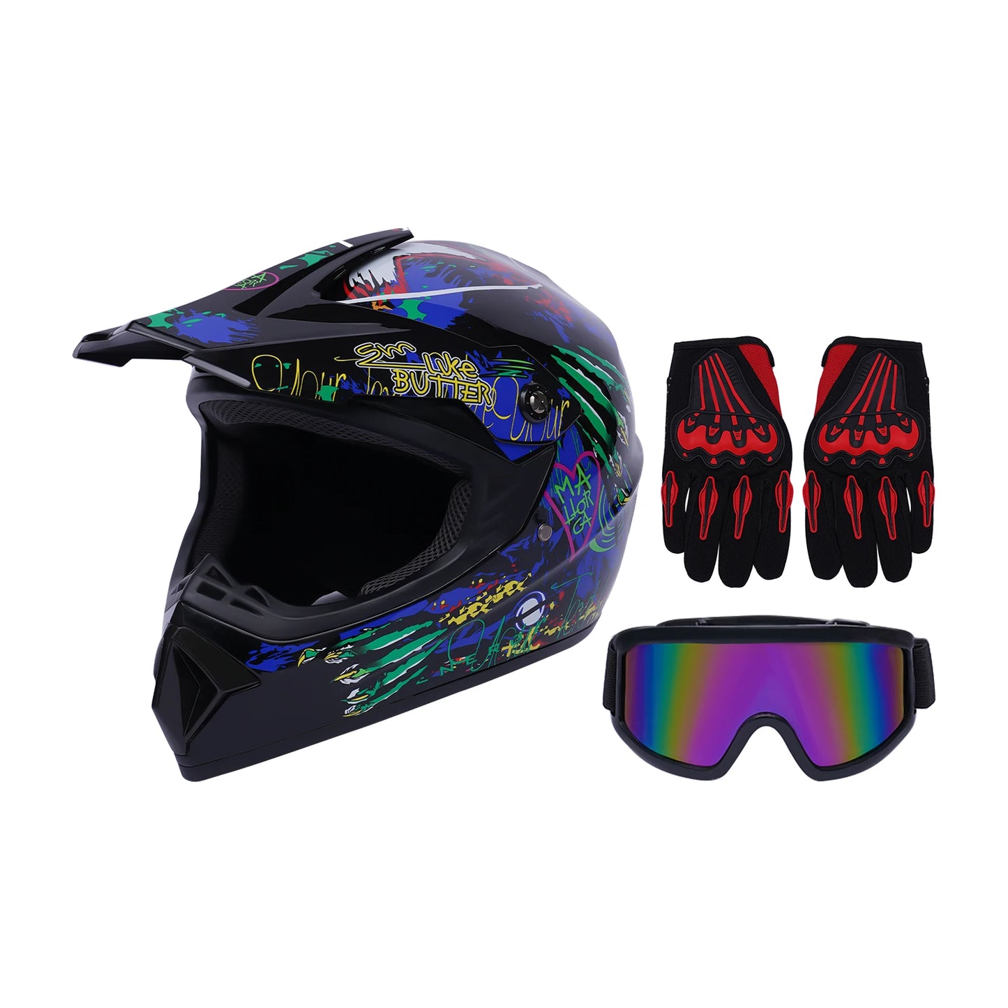 Motorcycle Helmet with Gloves, Motorcycle Helmet with Goggles & Gloves, Motocross Helmet Kit Large Size