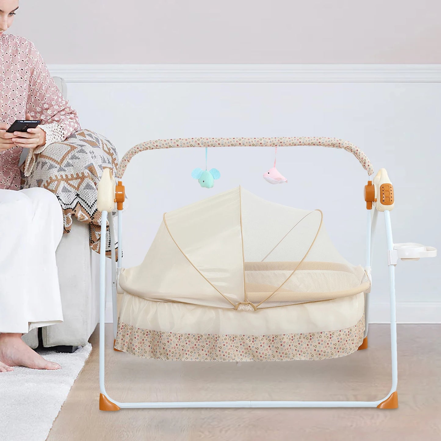 Electric Cradle Foldable Electric Baby Cradle w/ Music Dual Control, Mosquito Net & Swing, 5-Level Adjustable Rocking Bassinet